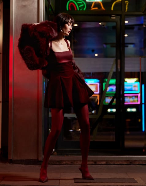 Murci exclusive velvet square neck flippy hem mini dress in burgundy - view 1