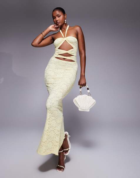 Murci exclusive lace halterneck cut out maxi dress in yellow