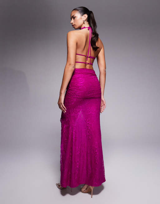 Murci - Exclusives - Diepuitgesneden kanten maxi-jurk met halternek en split in cerise, 4 van 4