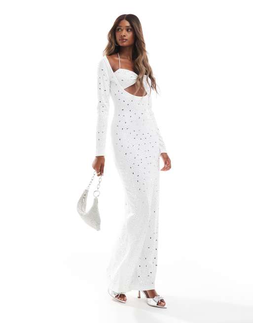 Murci - Exclusives - Maxi jurk met siersteentjes, uitsnijding en lange mouwen in wit