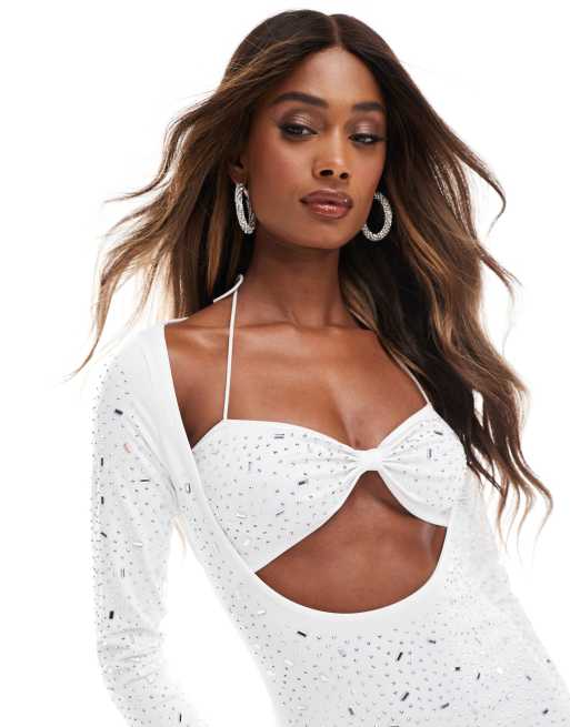 Murci - Exclusives - Maxi jurk met siersteentjes, uitsnijding en lange mouwen in wit, 3 van 4