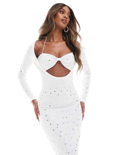Murci - Exclusives - Maxi jurk met siersteentjes, uitsnijding en lange mouwen in wit, 4 van 4