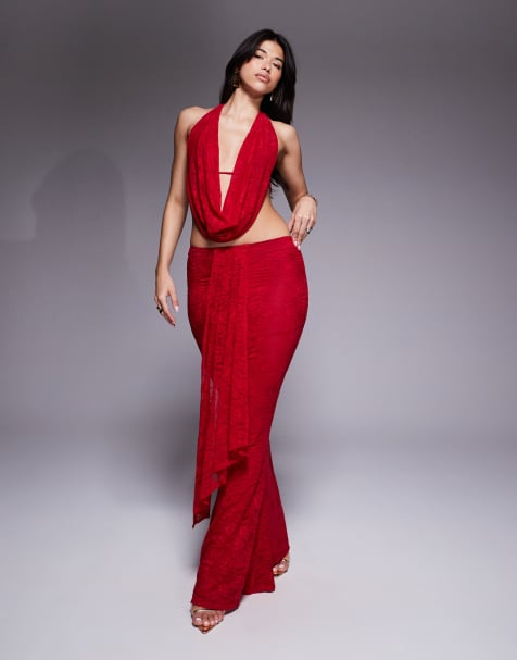 Murci - Exclusives - Maxirok van kanten mesh met gedrapeerd detail en fishtail in rood, deel van co-ord set - view 1