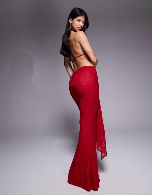 Murci - Exclusives - Maxirok van kanten mesh met gedrapeerd detail en fishtail in rood, deel van co-ord set, 3 van 5