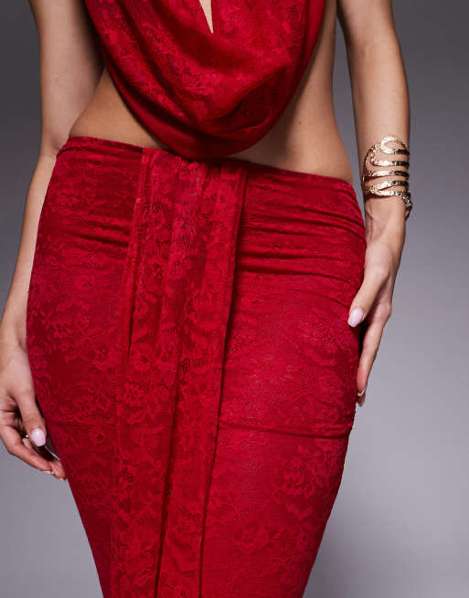 Murci - Exclusives - Maxirok van kanten mesh met gedrapeerd detail en fishtail in rood, deel van co-ord set, 4 van 5