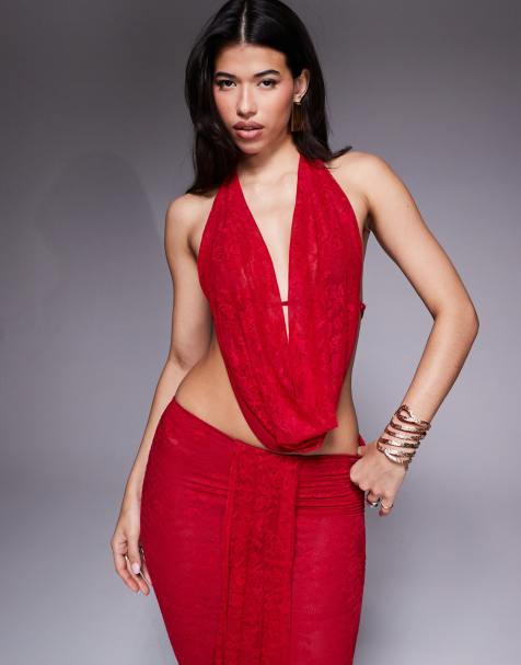 Murci - Exclusives - Top van mesh met gedrapeerde halslijn en open achterkant in rood, deel van co-ord set - view 1