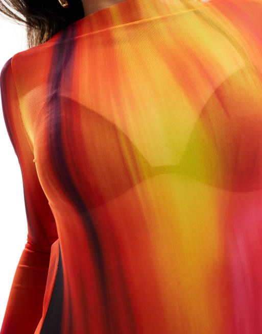 Murci - Exclusivité - Robe longue en tulle à manches longues et imprimé abstrait - Rouge, 3 de 4