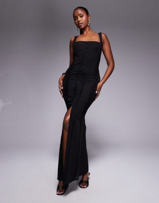Murci - Exklusiv - Maxikleid in Schwarz mit eckigem Ausschnitt und transparentem Spitzeneinsatz-Weiß