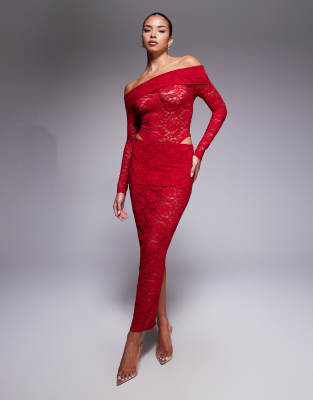 Murci - Exklusiv - Set aus transparenter Spitze in Rot, bestehend aus Body mit Carmen-Ausschnitt und Maxirock mit umgesc...