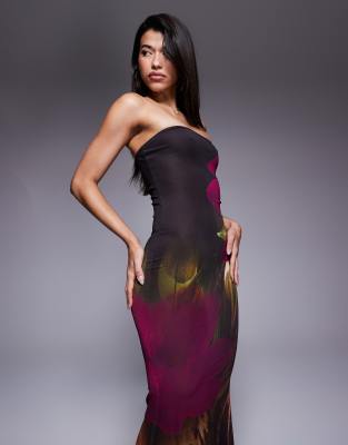 Murci - Exklusiv - Trägerloses Netzstoff-Maxikleid in Lila mit Blumenprint und Meerjungfrauensaum-Schwarz