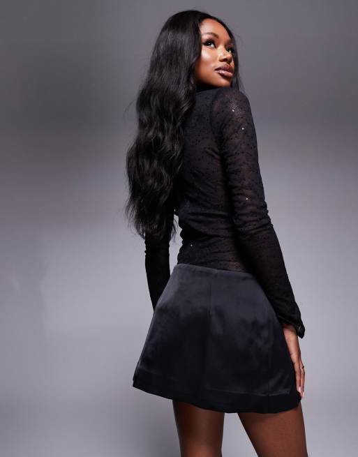 Murci – Exklusiver Satin-Minirock in Schwarz mit Strassdetail und hohem Schlitz, Kombiteil, 5 von 5
