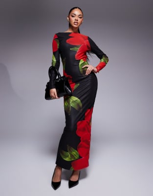 Murci - Exklusives Bodycon-Maxikleid aus Netzstoff in Schwarz mit rotem Blumenprint und U-Boot-Ausschnitt-Bunt