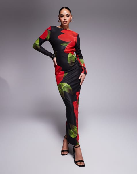 Murci – Exklusives, figurbetontes Netzstoff-Maxikleid in Schwarz mit Rückenausschnitt, rotem Blumenmuster und U-Boot-Ausschnitt - view 1