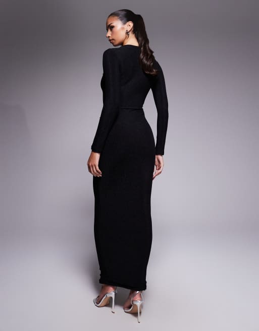 Murci – Exklusives Maxikleid in Glitzer-Schwarz mit U-Boot-Ausschnitt, überkreuzter Vorderseite, Cut-Out und Drapierung, 3 von 4