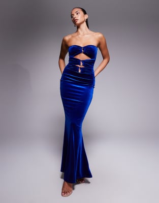 Murci - Exklusives, trägerloses Samt-Maxikleid in Marineblau mit Cut-outs, goldfarbener Metallverzierung und Schwalbensc...