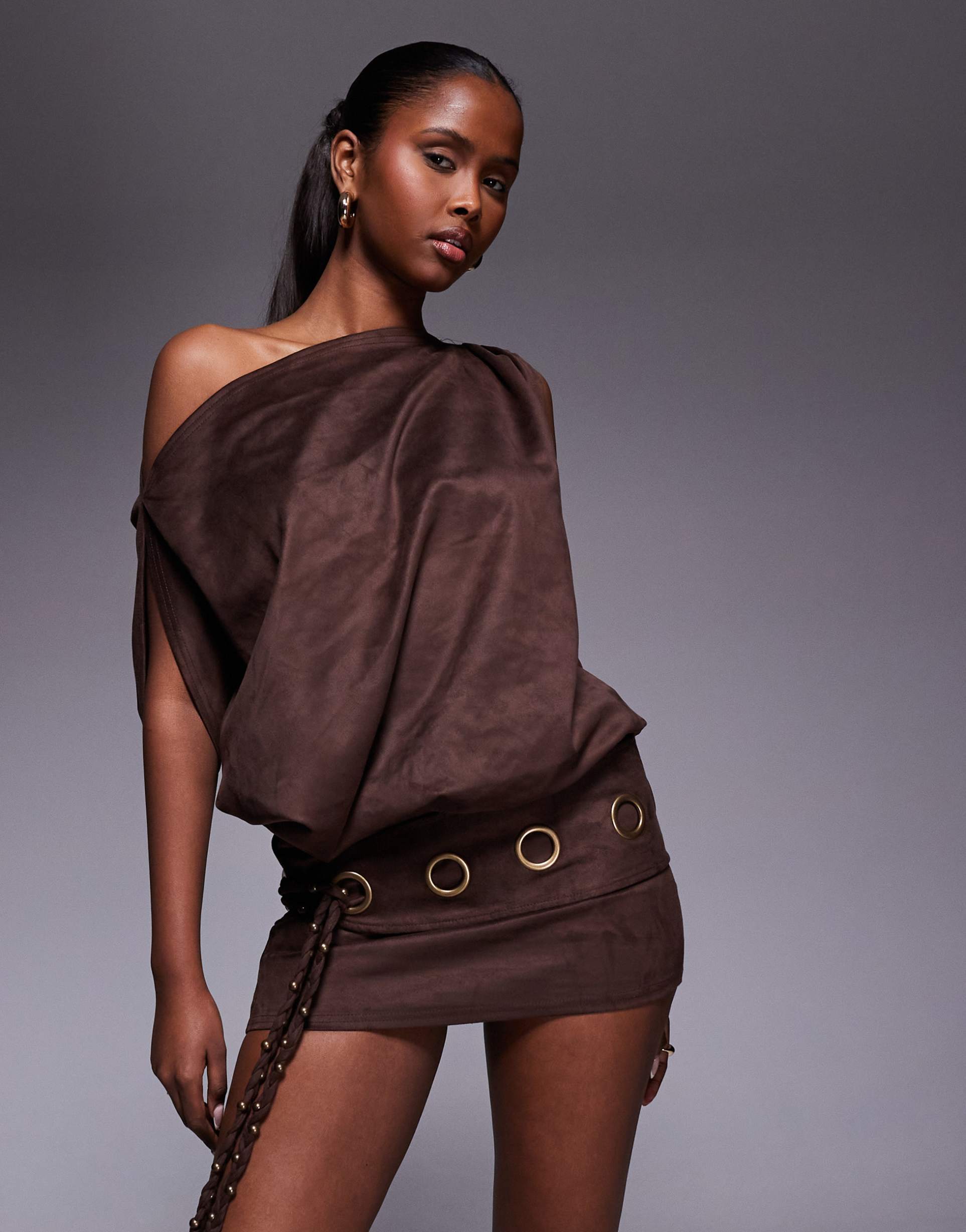 murci faux suede off-shoulder fold-over top eyelet belt detail mini dress in chocolate