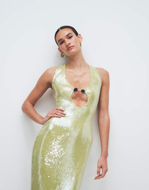 Murci halterneck cut-out bead detail sequin maxi dress in lime green, 2 of 7