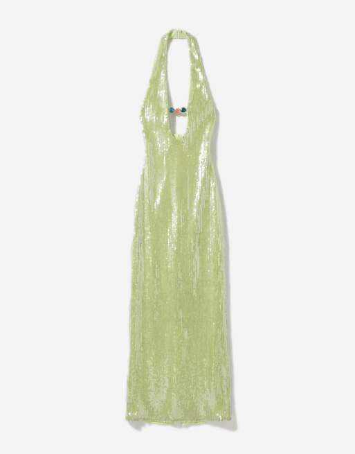 Murci halterneck cut-out bead detail sequin maxi dress in lime green, 5 of 7