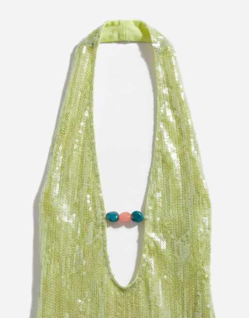Murci halterneck cut-out bead detail sequin maxi dress in lime green, 7 of 7