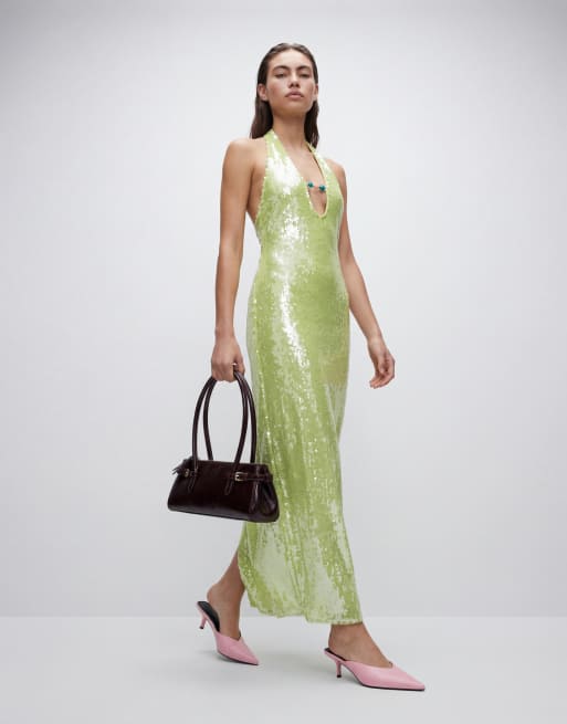 Murci halterneck cut-out bead detail sequin maxi dress in lime green, 9 of 11