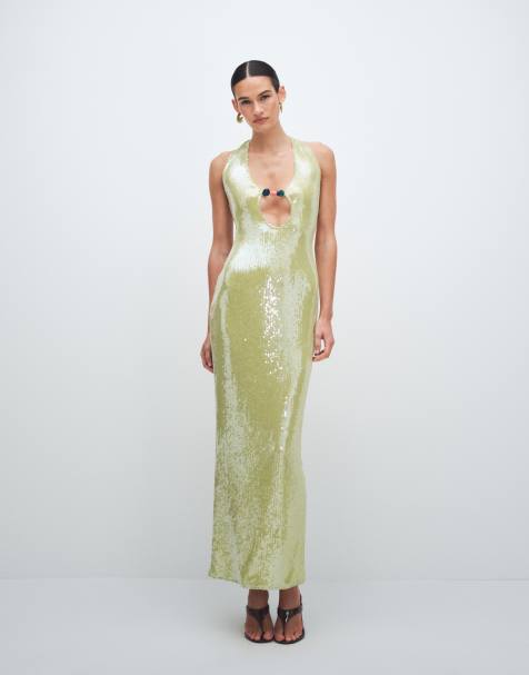 Murci halterneck cutout bead detail sequin maxi dress in lime green