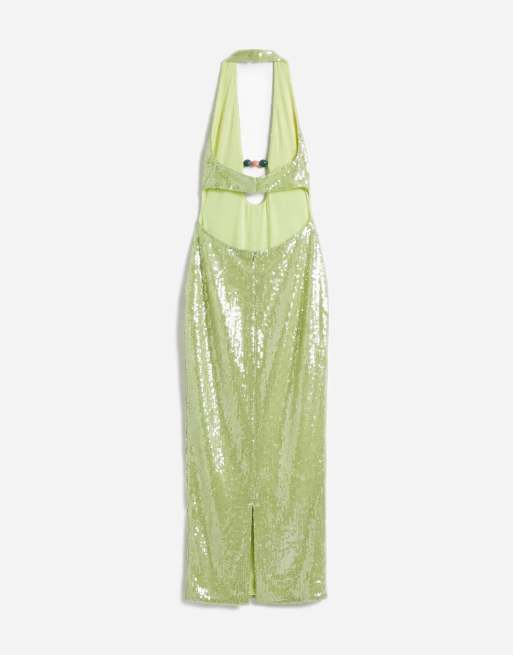 Murci halterneck cutout bead detail sequin maxi dress in lime green, 6 of 7
