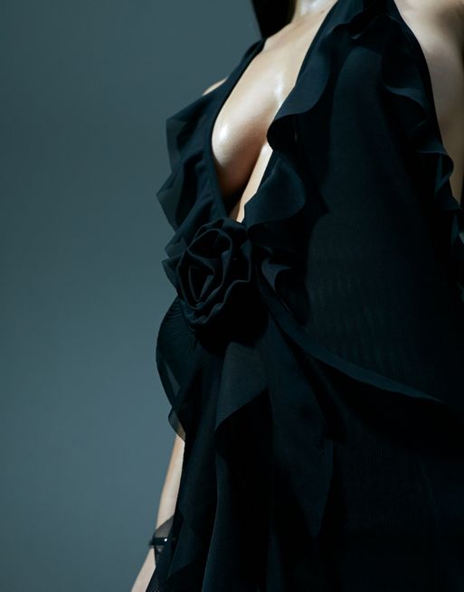Murci halterneck deep plunge ruffle trim mini dress in black