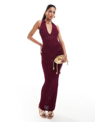 Murci Halterneck Honeycomb Knit Cut-out Maxi Dress In Deep Purple