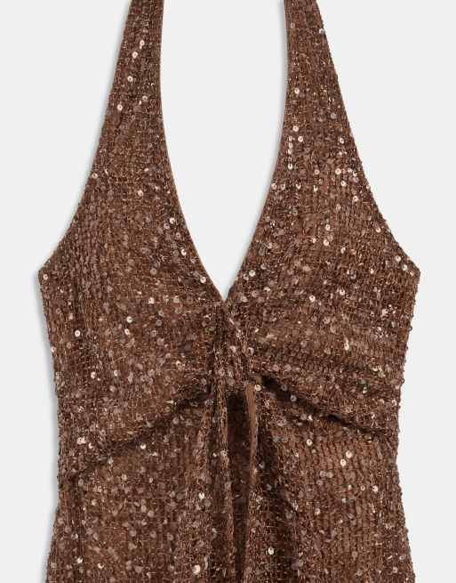 Murci halterneck plunge drape waist detail knit sequin mini dress in light brown, 8 of 8