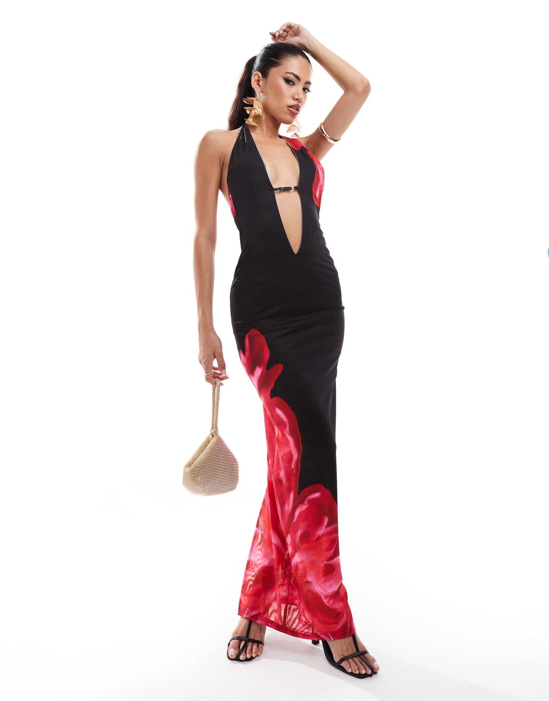 murci halterneck plunge neck maxi dress in black and red flower print