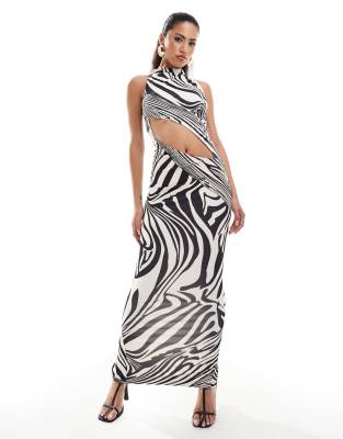 Murci High Neck Sleeveless Slash Waist Maxi Dress In Zebra Print-multi