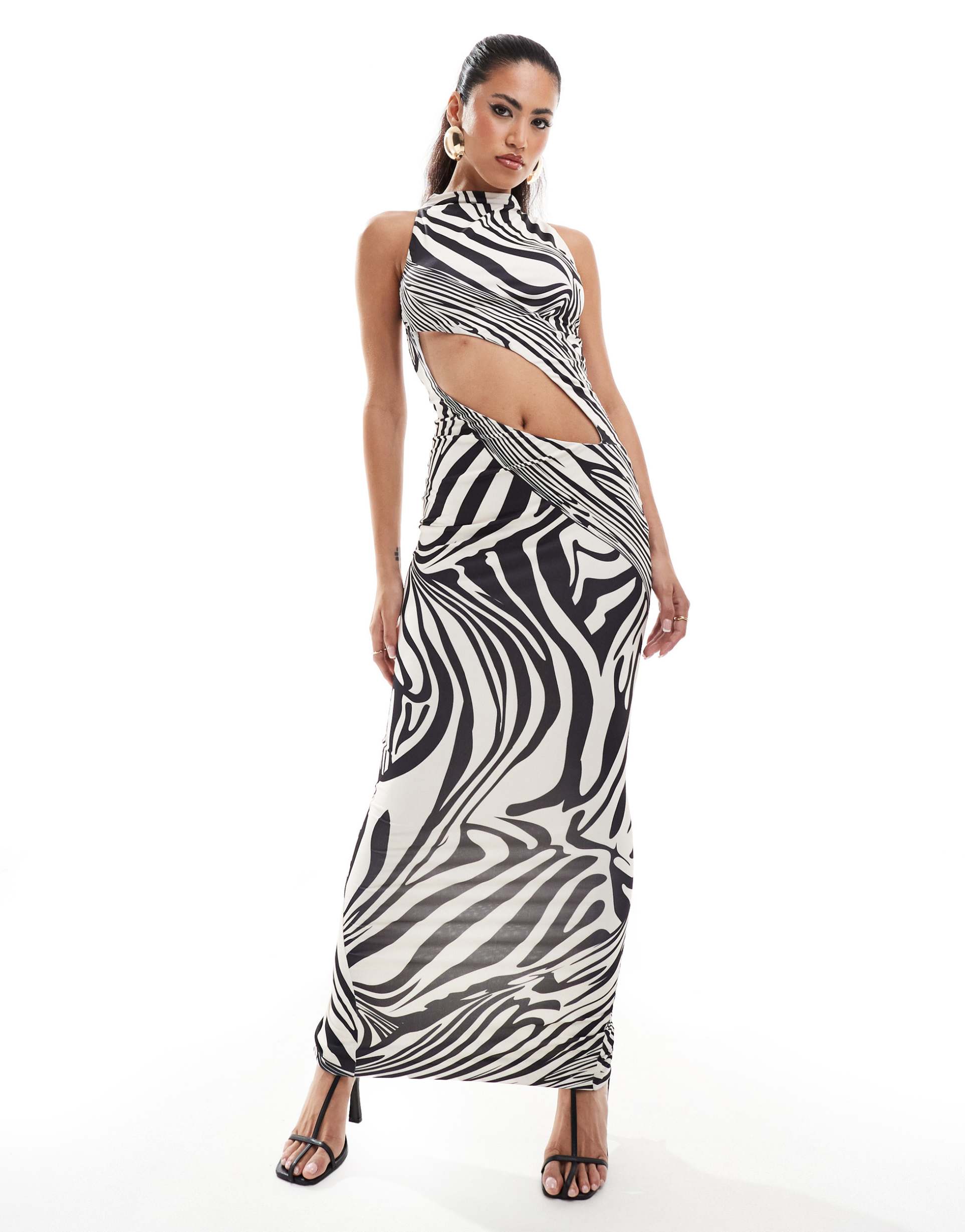 murci high neck sleeveless slash waist maxi dress in zebra print