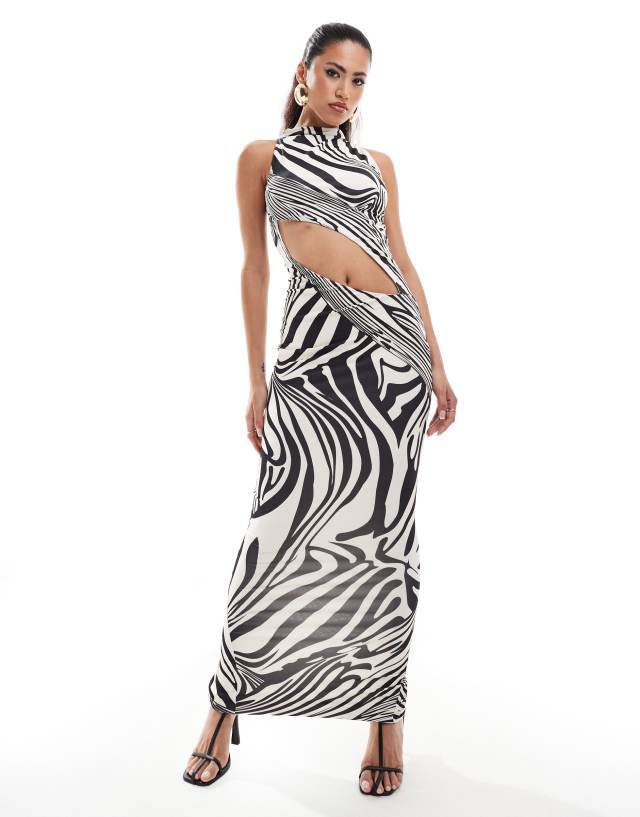 Murci - high neck sleeveless slash waist maxi dress in zebra print