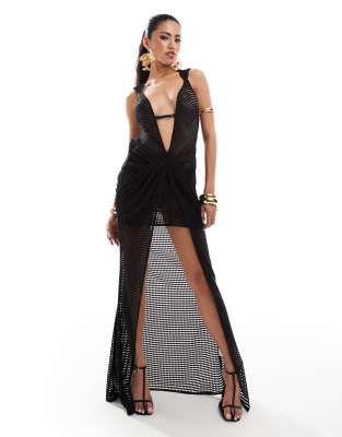 Murci Honeycomb Knit Deep Plunge Front Split Maxi Dress In Black