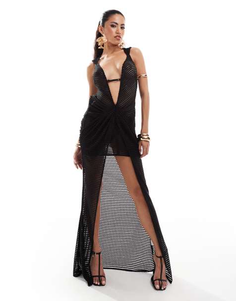 Murci honeycomb knit deep plunge front split maxi dress in black - view 1