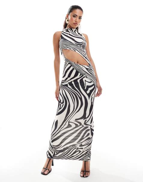 Murci - Hoogsluitende mouwloze maxi jurk met uitgesneden taille in zebraprint - view 1