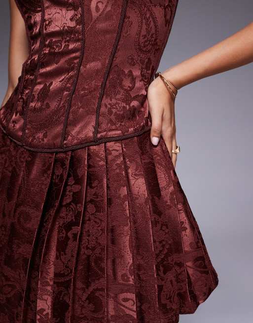 Murci - Jacquard mini korsetjurk van satijn met vierkante hals en plooien in chocoladebruin, 3 van 4