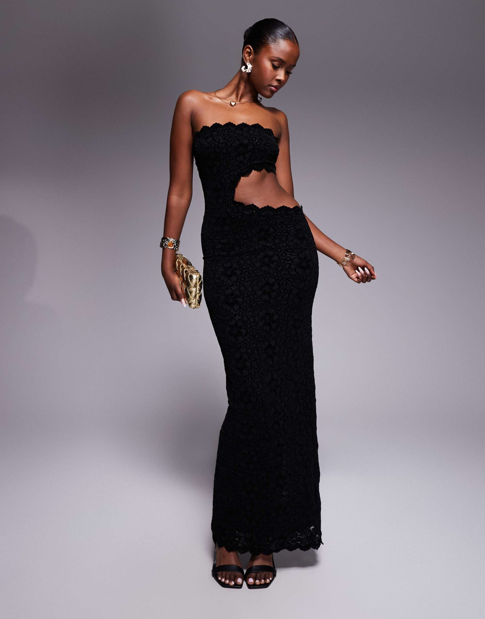 murci lace bandeau cut out side maxi dress in black