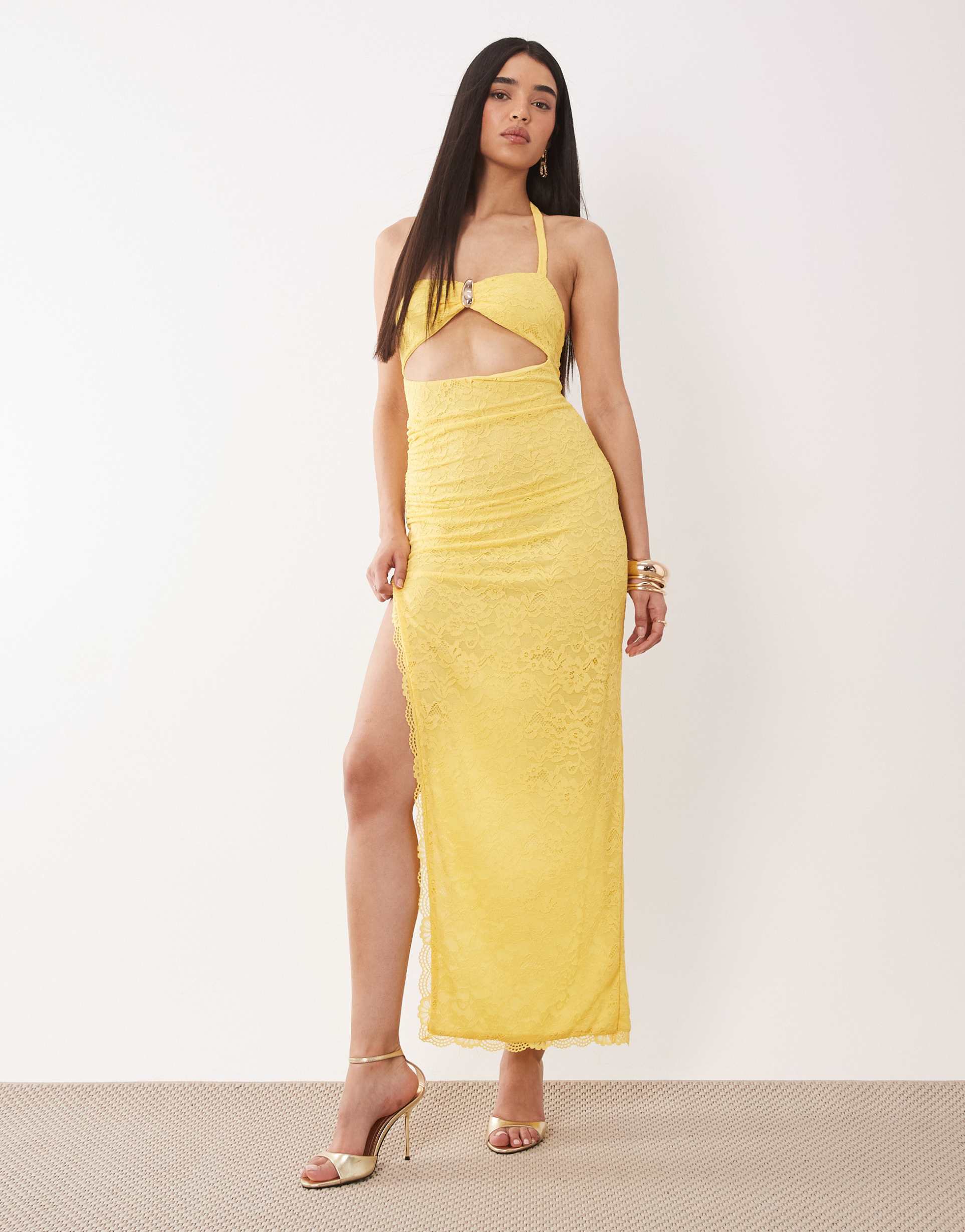 murci lace halterneck metal hardware cutout detail maxi dress in yellow