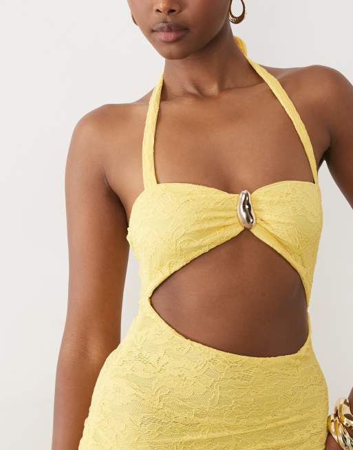 Murci lace halterneck metal hardware cutout detail maxi dress in yellow, 3 of 4