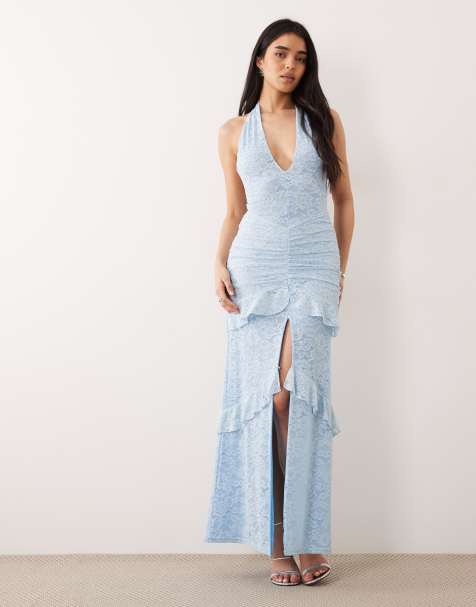 Murci lace halterneck plunge tiered ruffle skirt maxi dress in baby blue