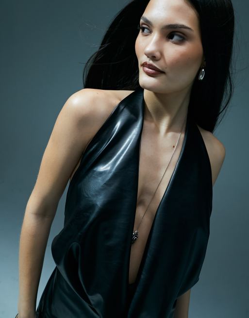Murci leather look halterneck deep plunge maxi dress with necklace in black  | ASOS