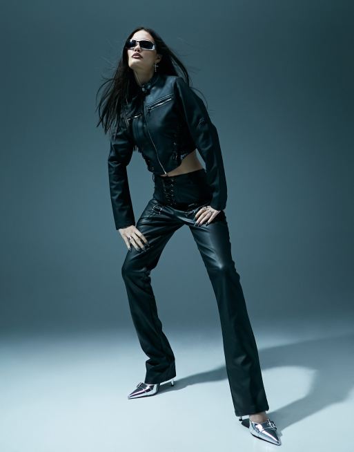 Murci leather look lace up detail biker jacket co-ord in black, 3 of 5