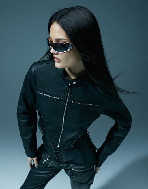 Murci leather look lace up detail biker jacket in black (part of a set), 2 of 5