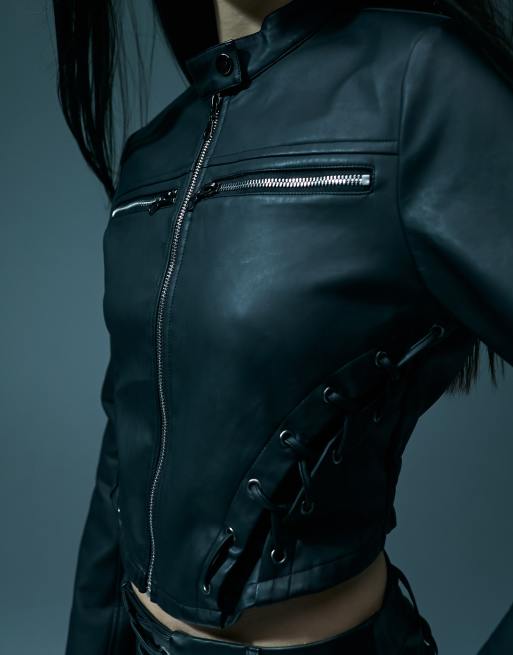 Murci leather look lace up detail biker jacket in black (part of a set), 5 of 5