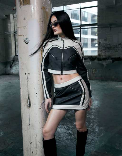 Murci leather look mini skirt co ord in black with cream trim