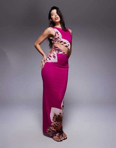 Murci - Lilla tætsiddende maxikjole med udskæringsdetalje i siden og blomstermønster - view 1