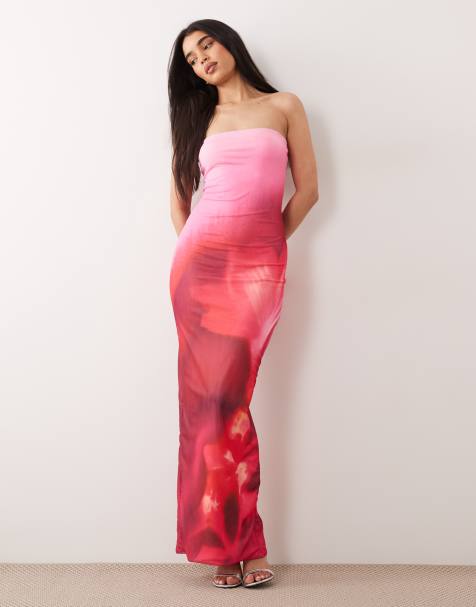 Murci - Maxi bandeau-jurk van mesh in roze en rode bloemenprint - view 1