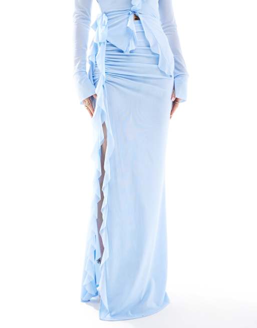 Murci - Maxi rok met ruches aan de randen en dijsplit in babyblauw, deel van co-ord set, 3 van 5