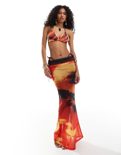 Murci – Maxi-Strandrock in Rot mit Lava-Print aus Netzstoff, Kombiteil
